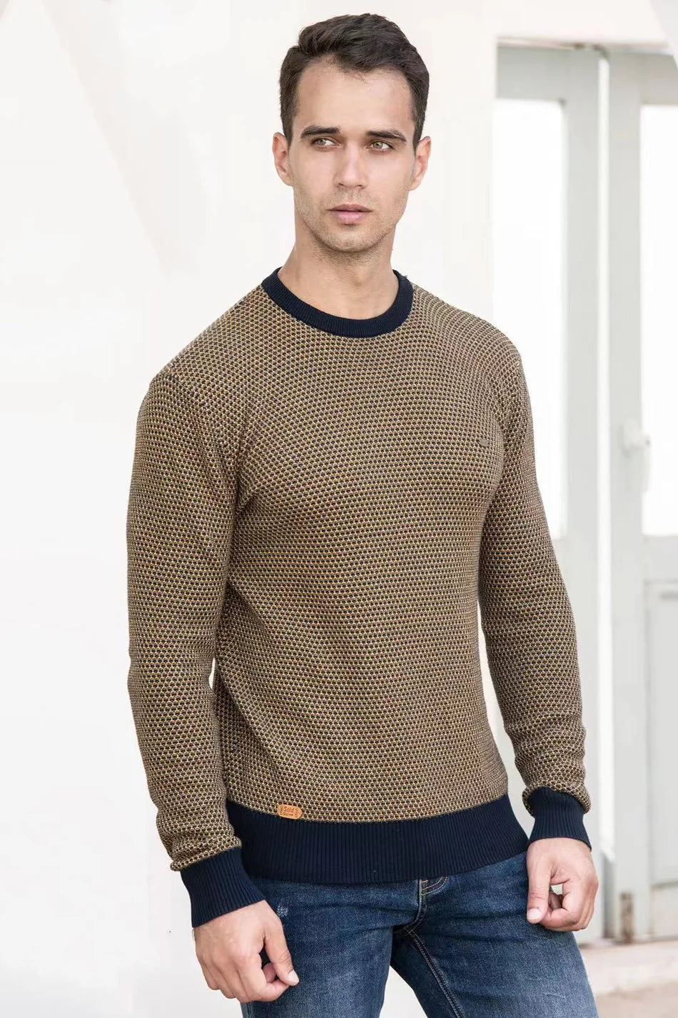 Men's diamond-pattern jumper in black with embroidered detailing and a clean regular fit