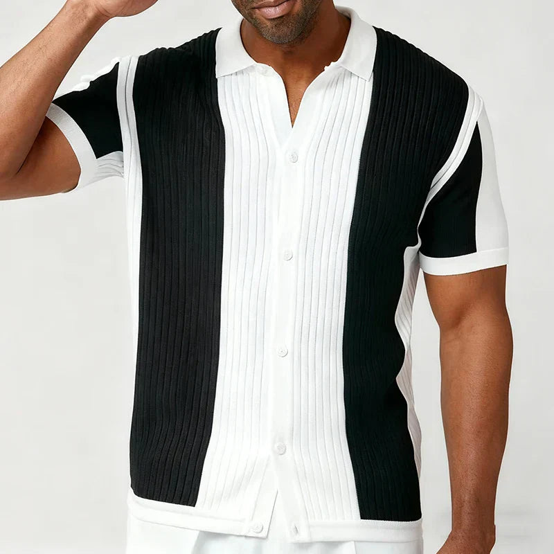 Men's fitted shirt with vertical contrast stripes and a structured, elongating silhouette