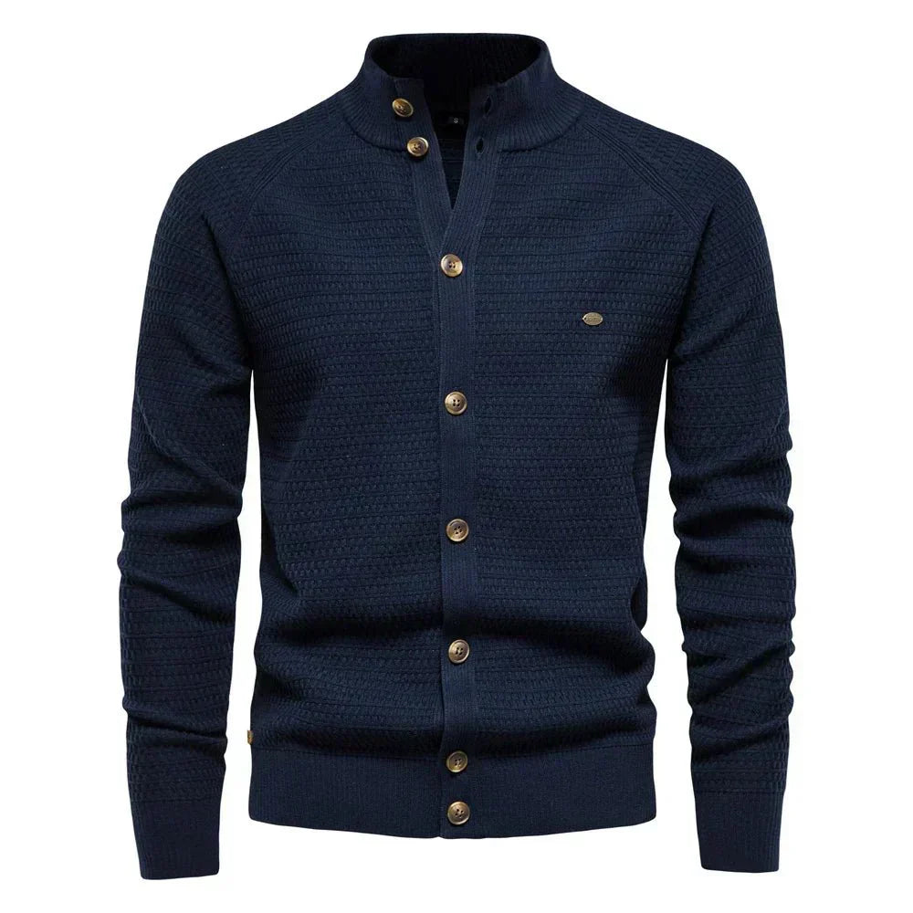 Men's V-neck cardigan in dark blue with a classic button front and clean smart silhouette