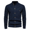 Men's V-neck cardigan in dark blue with a classic button front and clean smart silhouette