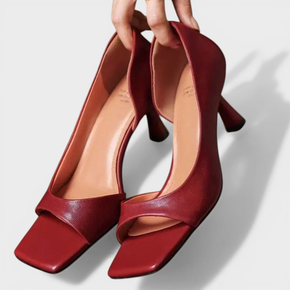 Women's open cushioned heels in red with a refined silhouette and stable block heel