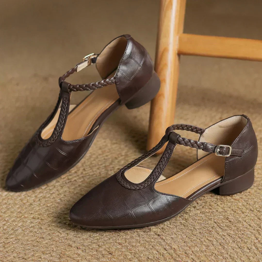Classic T-bar heeled shoes in brown and black with a braided strap detail