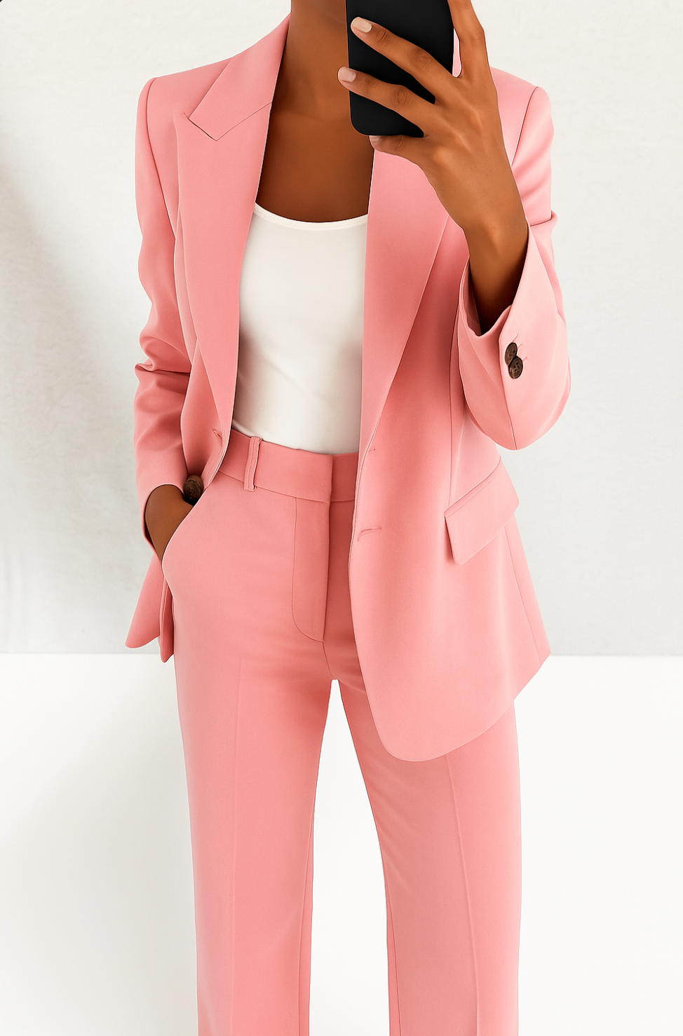 A woman wearing a tailored slim-fit blazer with matching trousers.