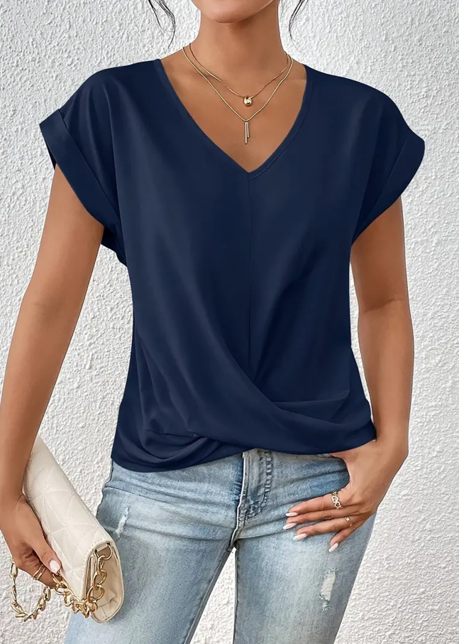 Navy V-neck everyday top with a soft, flattering and relaxed silhouette