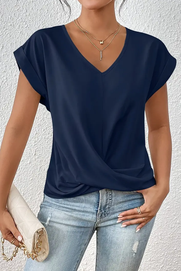 Navy V-neck everyday top with a soft, flattering and relaxed silhouette