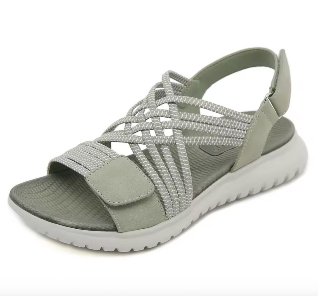 Women's adjustable comfort sandals in beige with Velcro strap and cushioned footbed