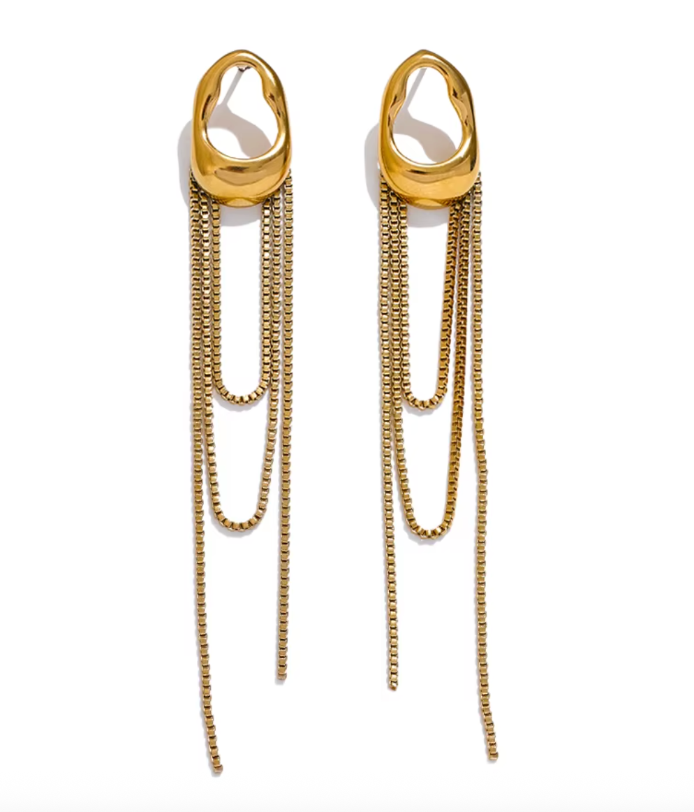 A pair of gold minimalist drop earrings with fine moving chain details
