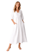 Floaty maxi dress in white, also available in black, with a soft V-neckline and side pockets