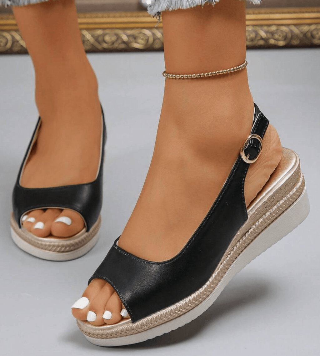 Peep-toe wedge sandals with a back strap in white, black and gold