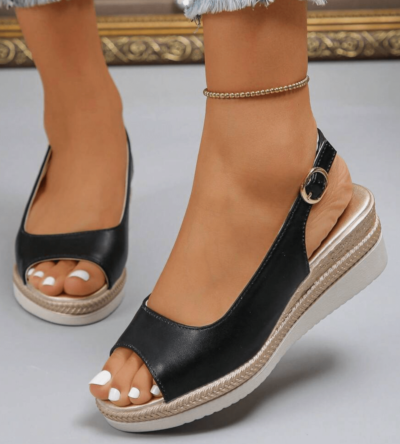Peep-toe wedge sandals with a back strap in white, black and gold