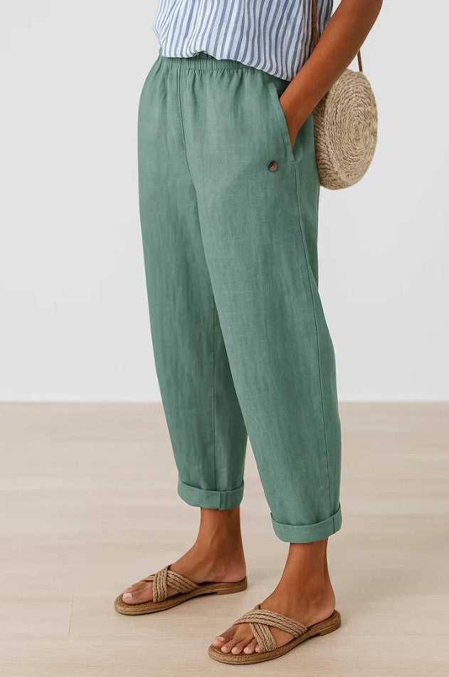 Lightweight women's casual trousers in beige with a relaxed wide-leg cut and elasticated waist