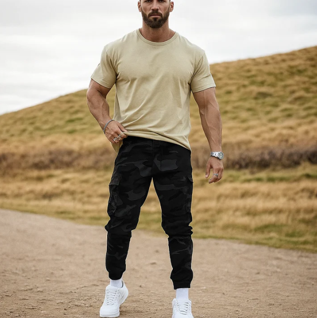 Men's slim-fit camo trousers in military green with side pockets and elasticated waist