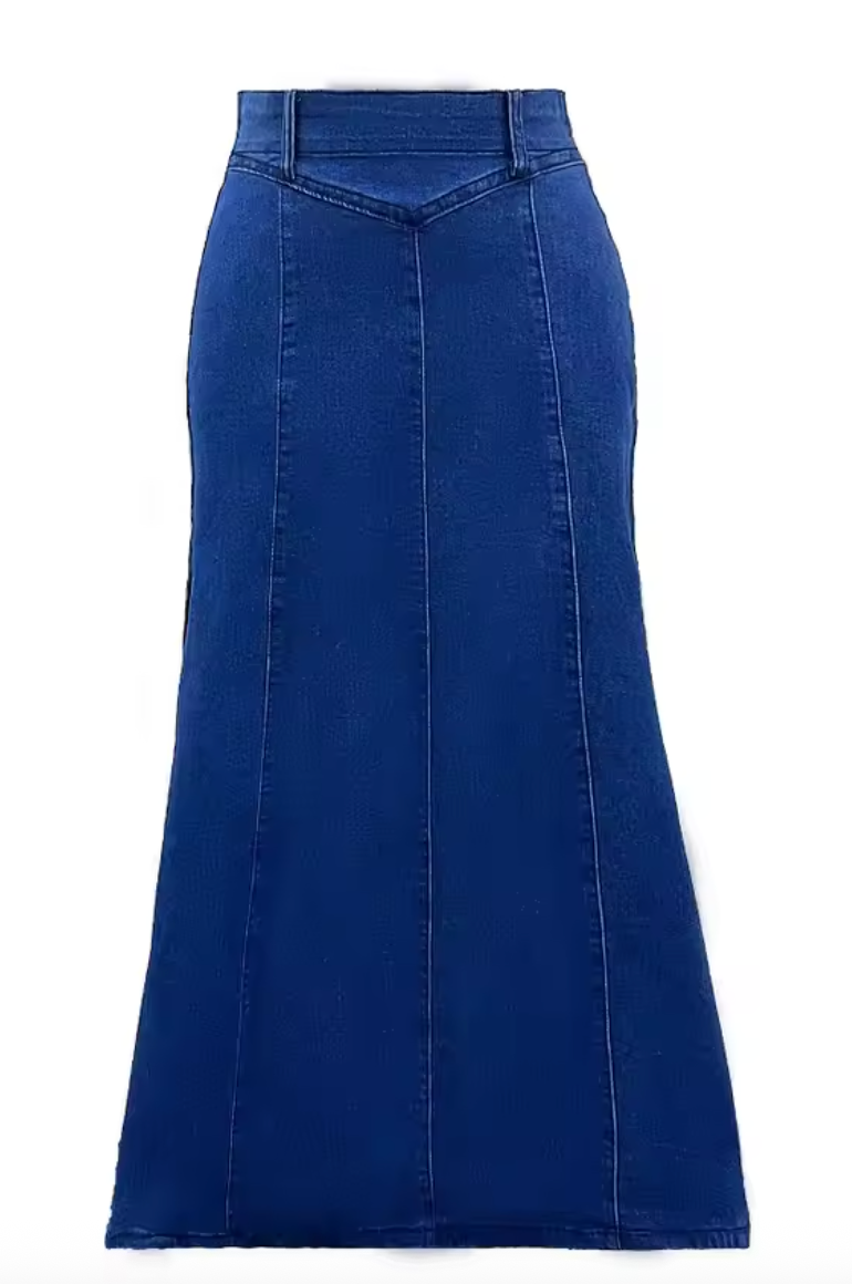Blue high-waist maxi skirt with a clean structured waistband and flowing length