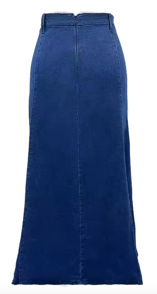 Blue high-waist maxi skirt with a clean structured waistband and flowing length