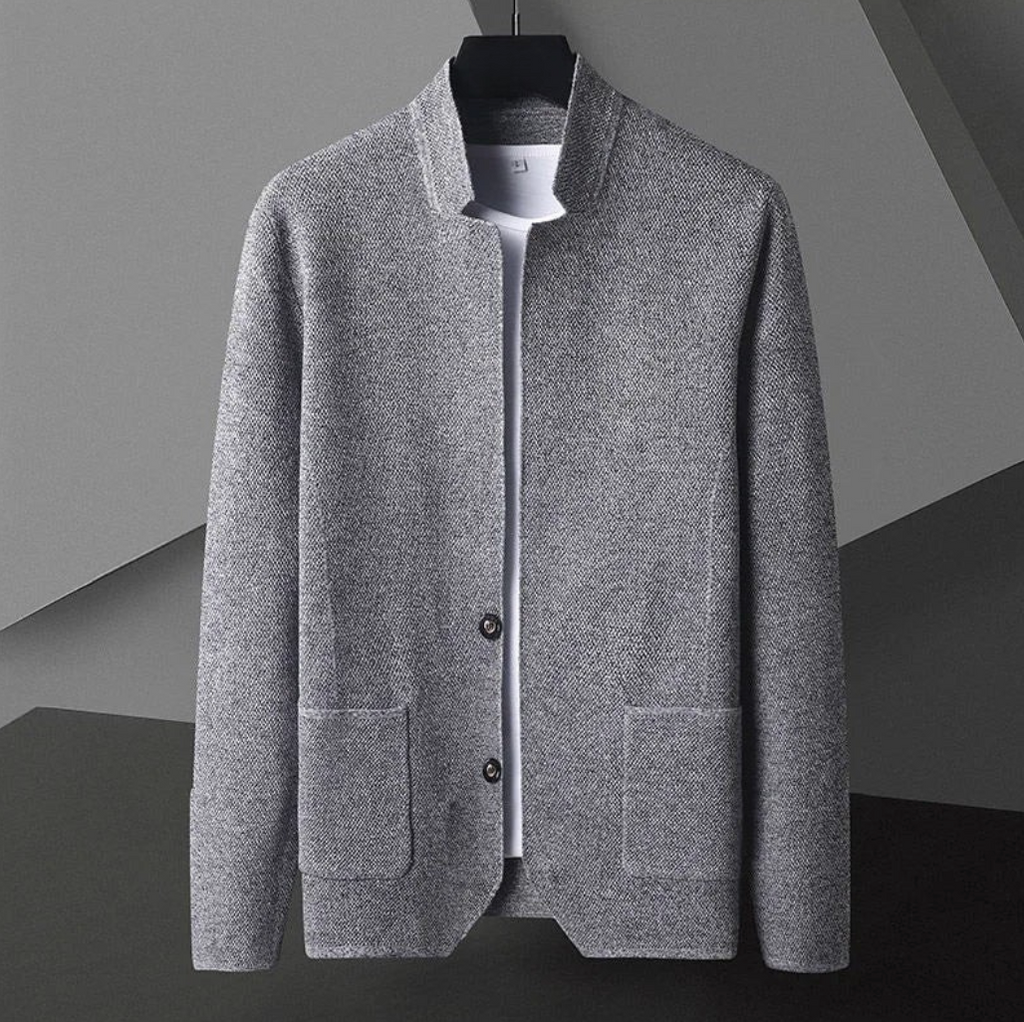 Men's minimal button-up overshirt in grey with a stand collar and structured texture