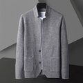 Men's minimal button-up overshirt in grey with a stand collar and structured texture