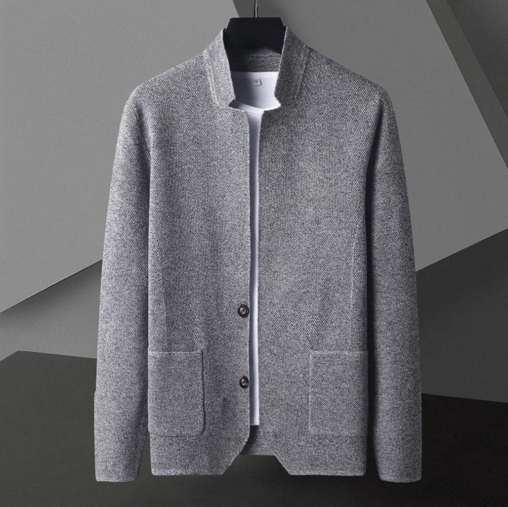 Men's minimal button-up overshirt in grey with a stand collar and structured texture