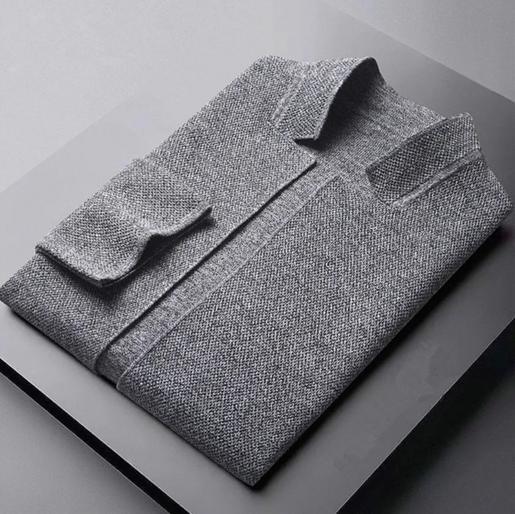 Men's minimal button-up overshirt in grey with a stand collar and structured texture