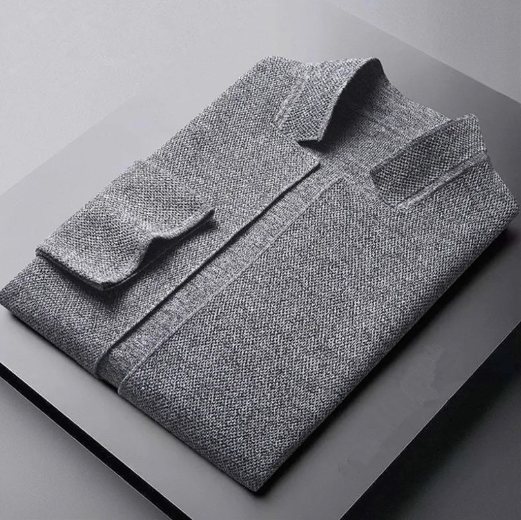 Men's minimal button-up overshirt in grey with a stand collar and structured texture