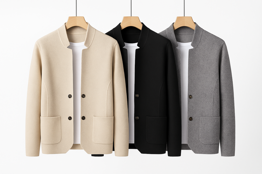 Men's minimal button-up overshirt in grey with a stand collar and structured texture