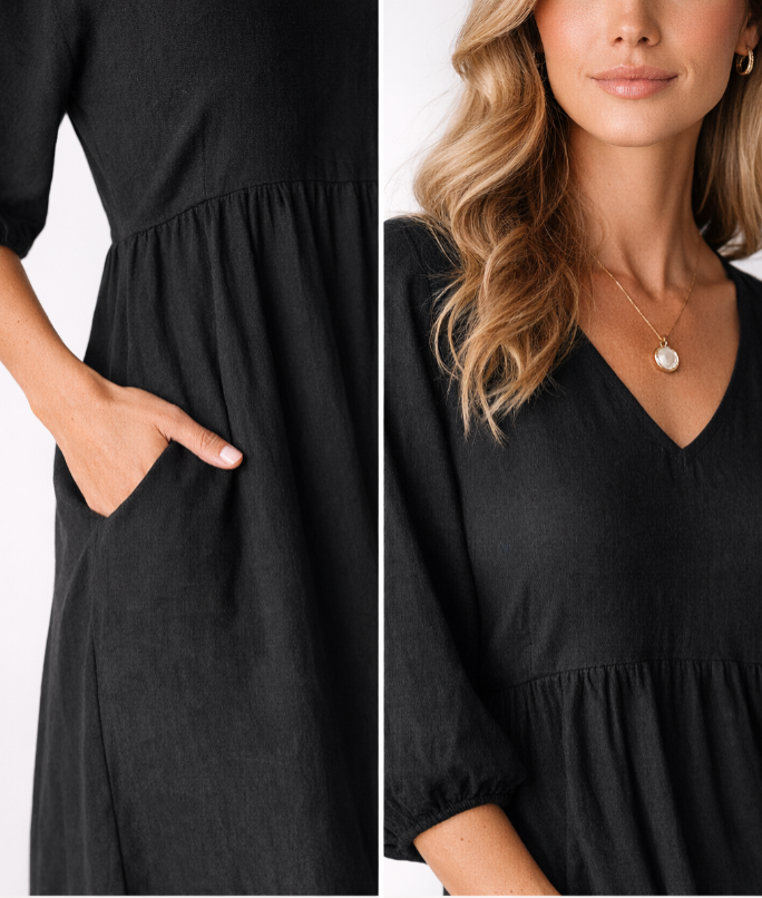 Floaty maxi dress in white, also available in black, with a soft V-neckline and side pockets