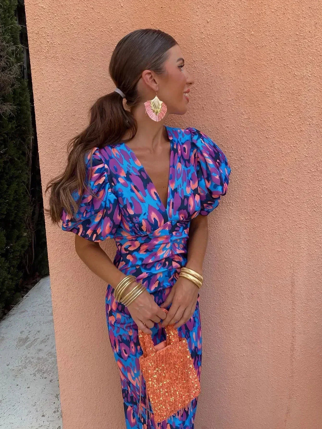LOREN™ | Vibrant Midi Dress with Puff Sleeves