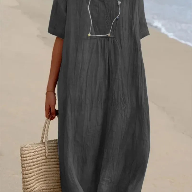 SANDRA™ | Casual V-Neck Dress with Linen Texture