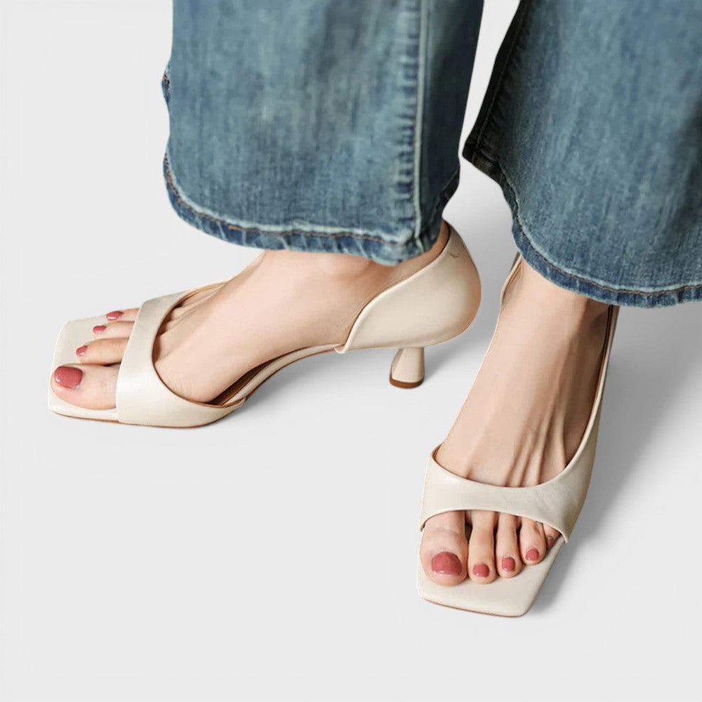 Women's open cushioned heels in red with a refined silhouette and stable block heel