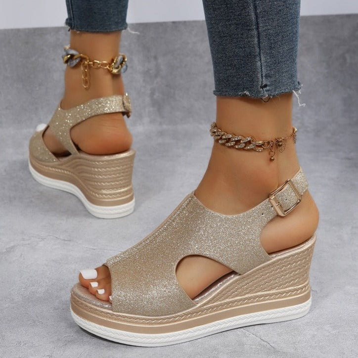 Silver shimmer peep toe wedge sandals with back strap