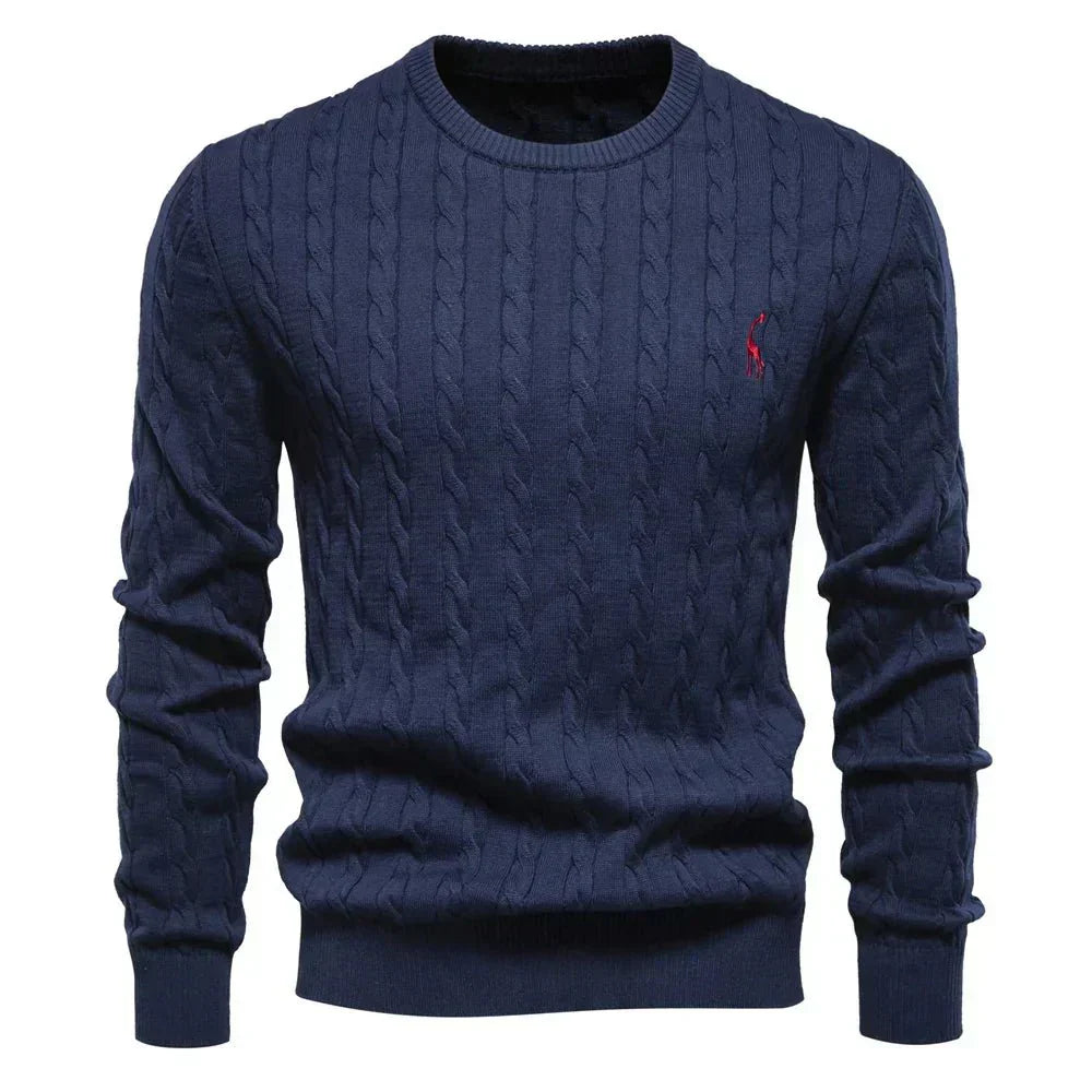 Men's cable-knit jumper in navy blue with a fine textured pattern and modern regular fit