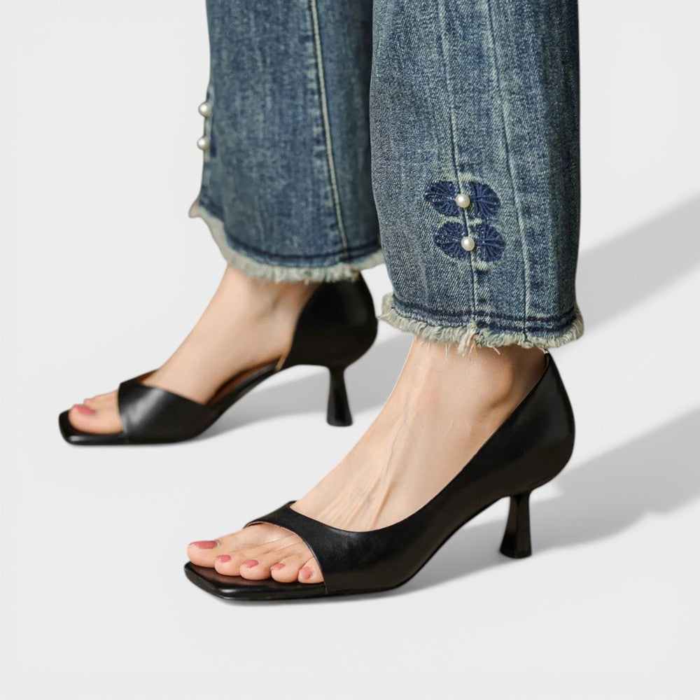 Women's open cushioned heels in red with a refined silhouette and stable block heel