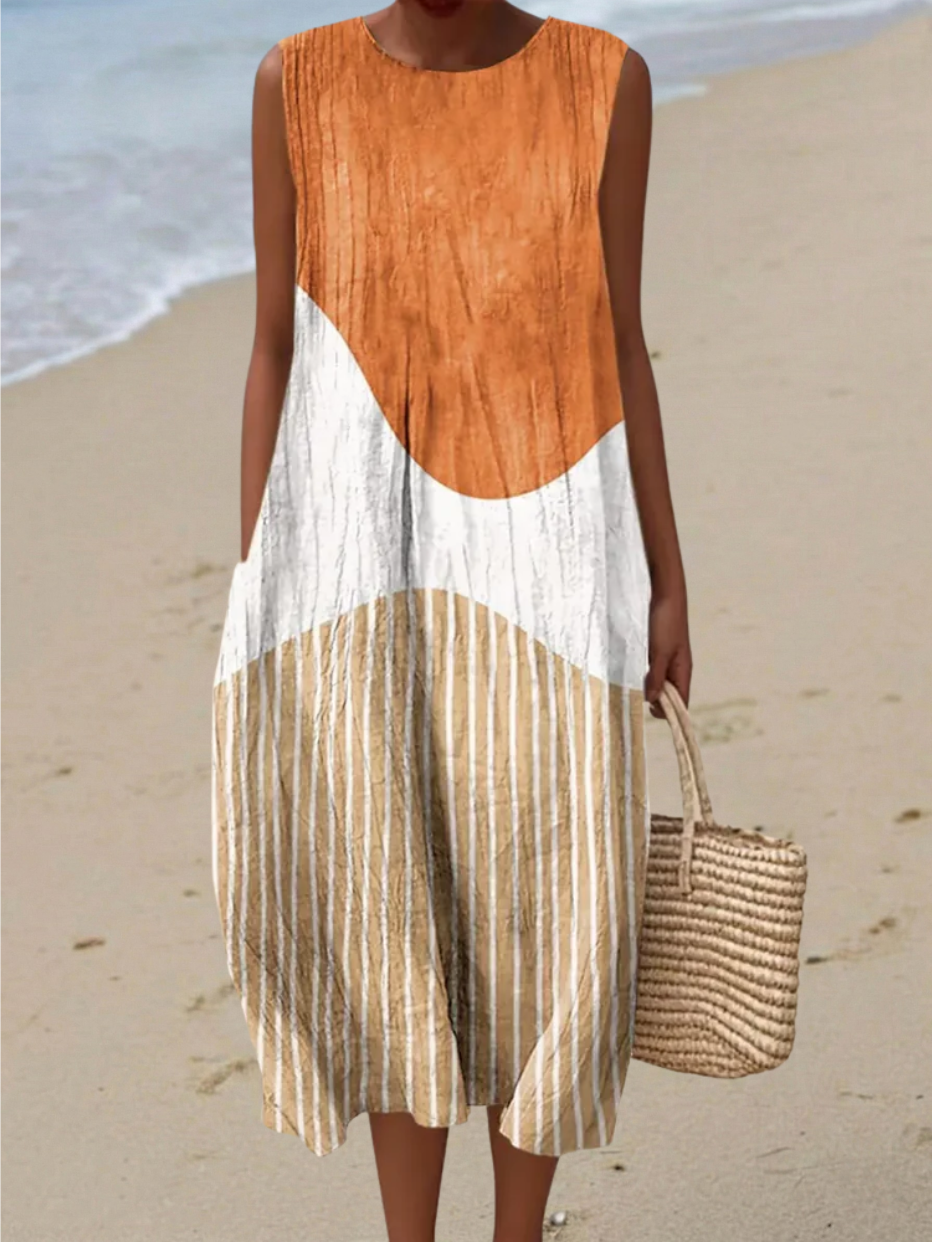 Sleeveless summer dress with an abstract geometric print in earthy desert tones