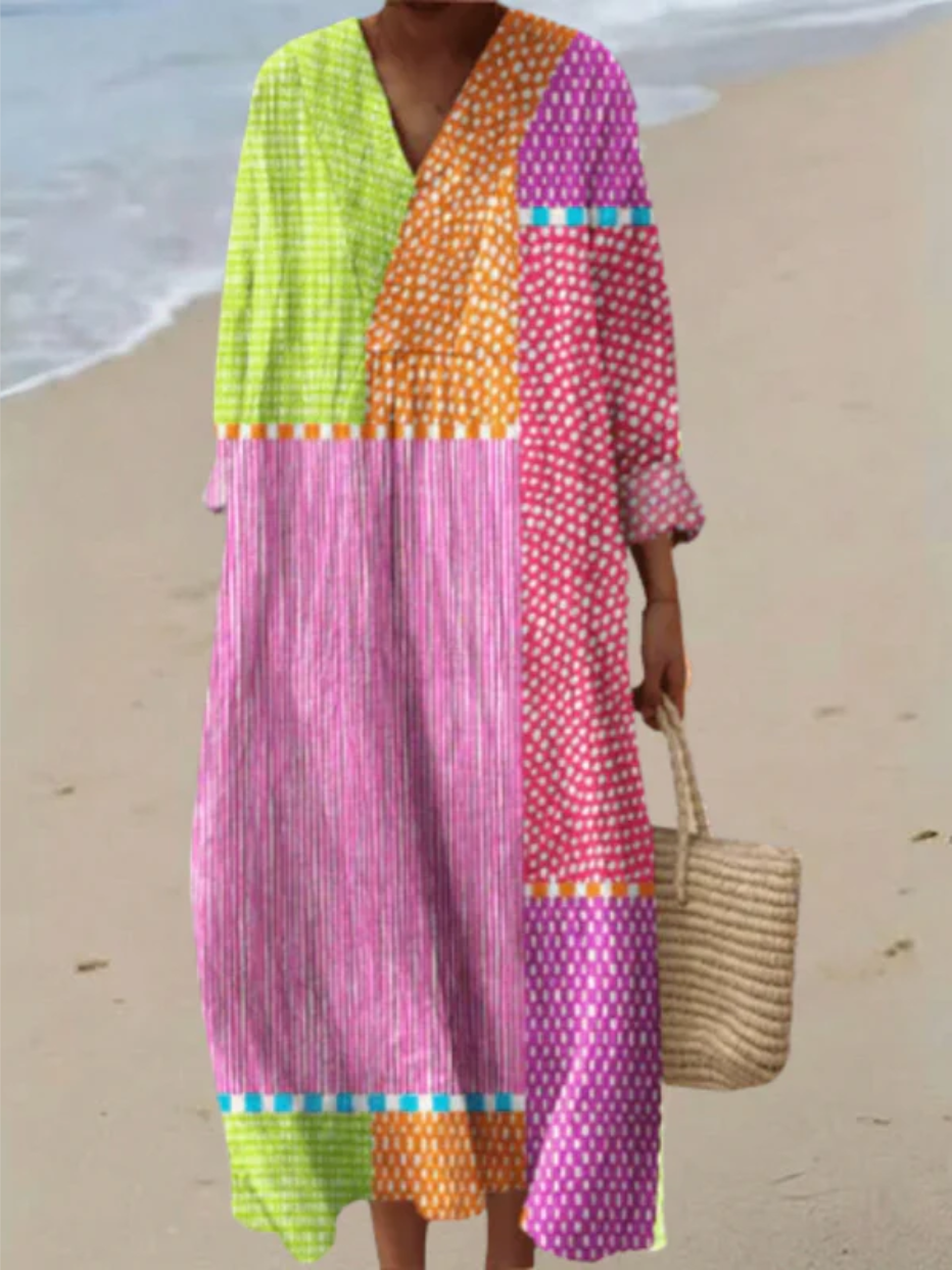 A sleeveless colourful patchwork stripe dress available in pink, orange and green colourways