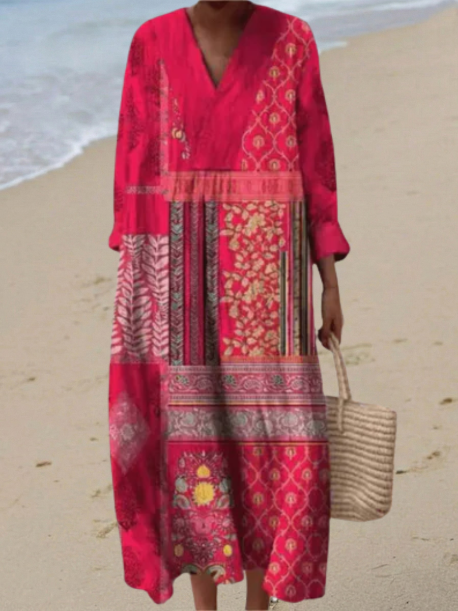 Sleeveless patchwork dress with bold overlapping stripes in blue, pink, green and purple