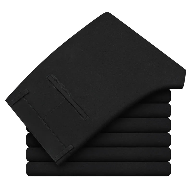 Men's casual trousers in black, blue, dark grey and beige with a relaxed, clean silhouette