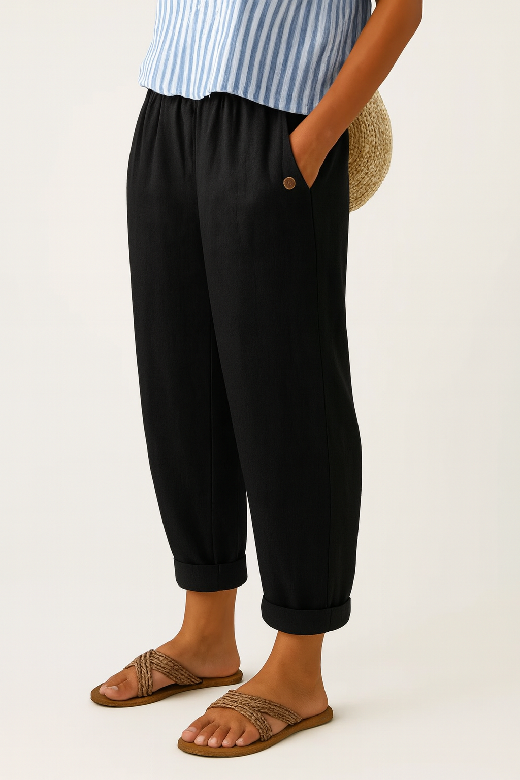 Lightweight women's casual trousers in beige with a relaxed wide-leg cut and elasticated waist