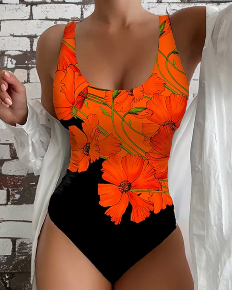 Orange one-piece swimsuit with frilled detail and deep V neckline