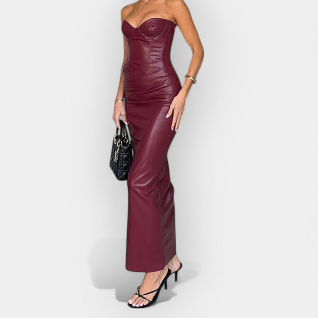 Sleek fitted midi dress with a smooth premium finish in a deep tone