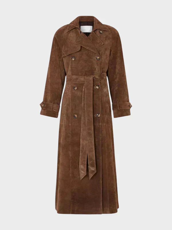Classic belted trench coat in rich brown with a flowing, tailored silhouette and elegant collar
