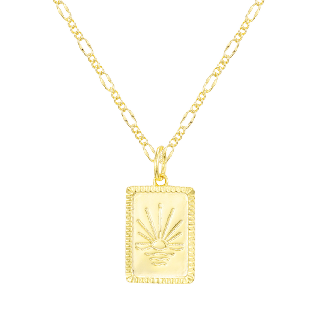 Gold radiant sun pendant necklace on fine polished chain