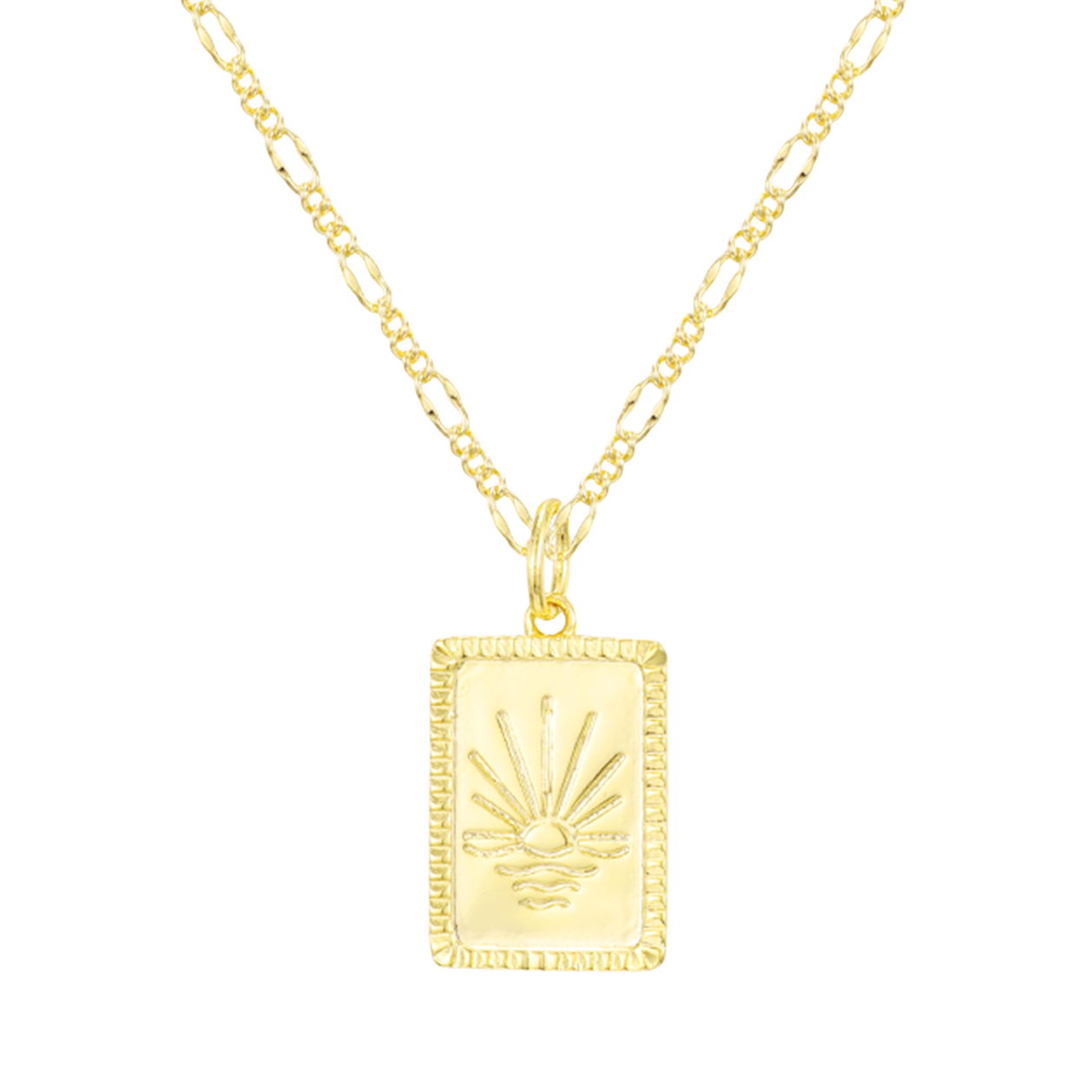Gold radiant sun pendant necklace on fine polished chain