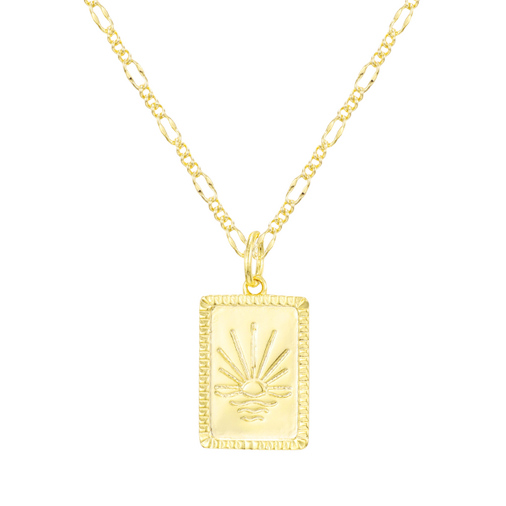 Gold radiant sun pendant necklace on fine polished chain