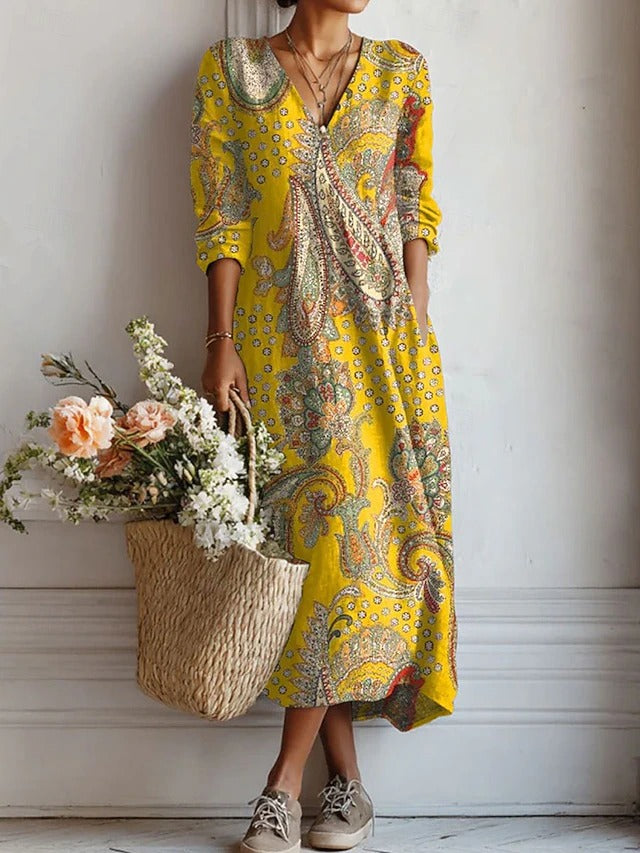 A woman wearing a comfortable everyday day dress on a relaxed day out.