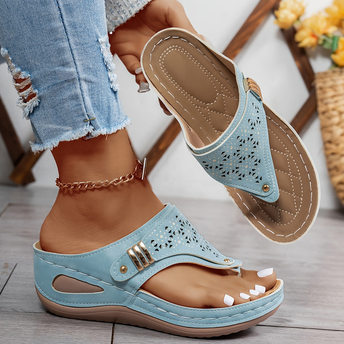 Shimmer peep-toe wedge sandals in light blue, navy, black, khaki, brown, grey and purple
