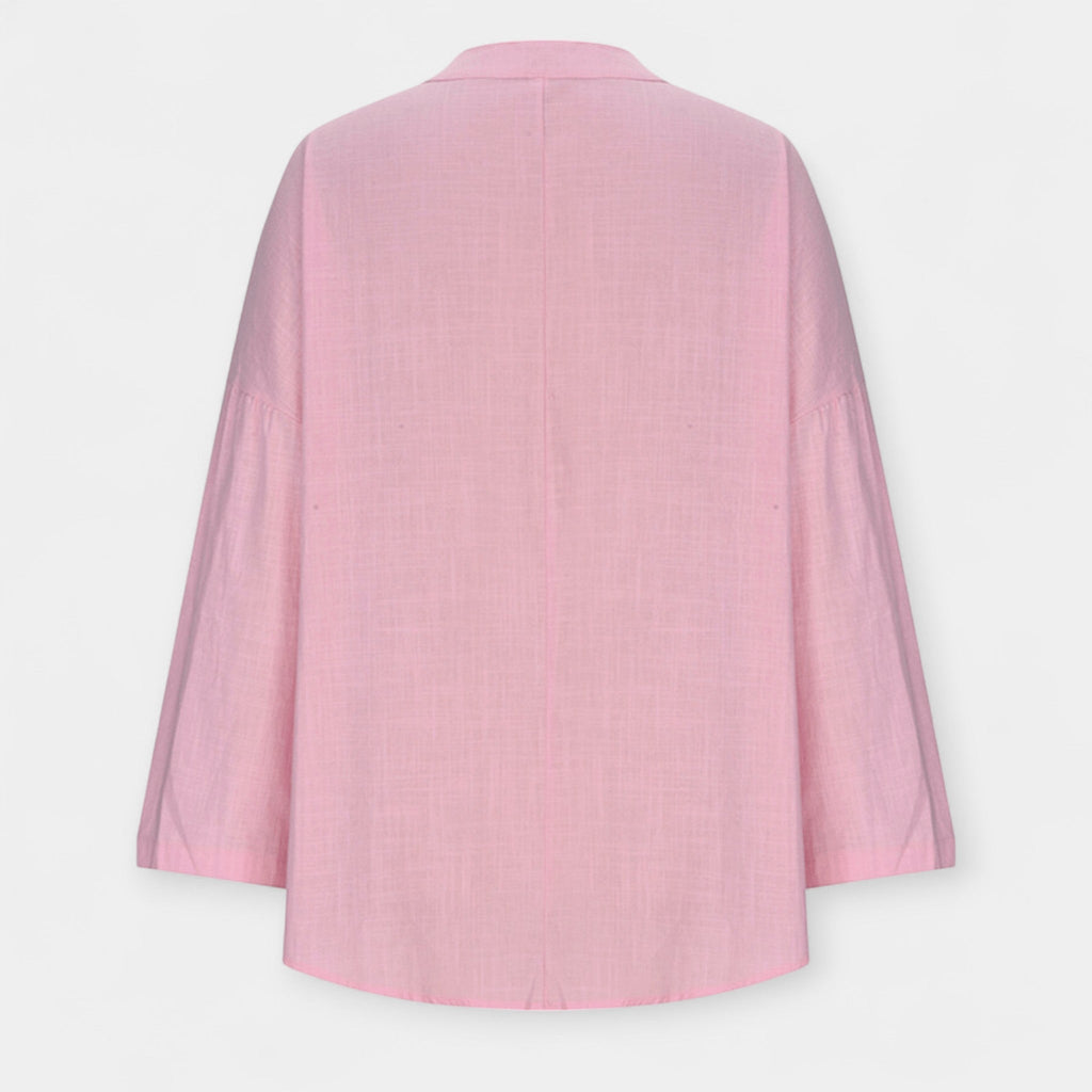 Women's relaxed beach cover-up blouse in pale blue with a classic collar and long rollable sleeves