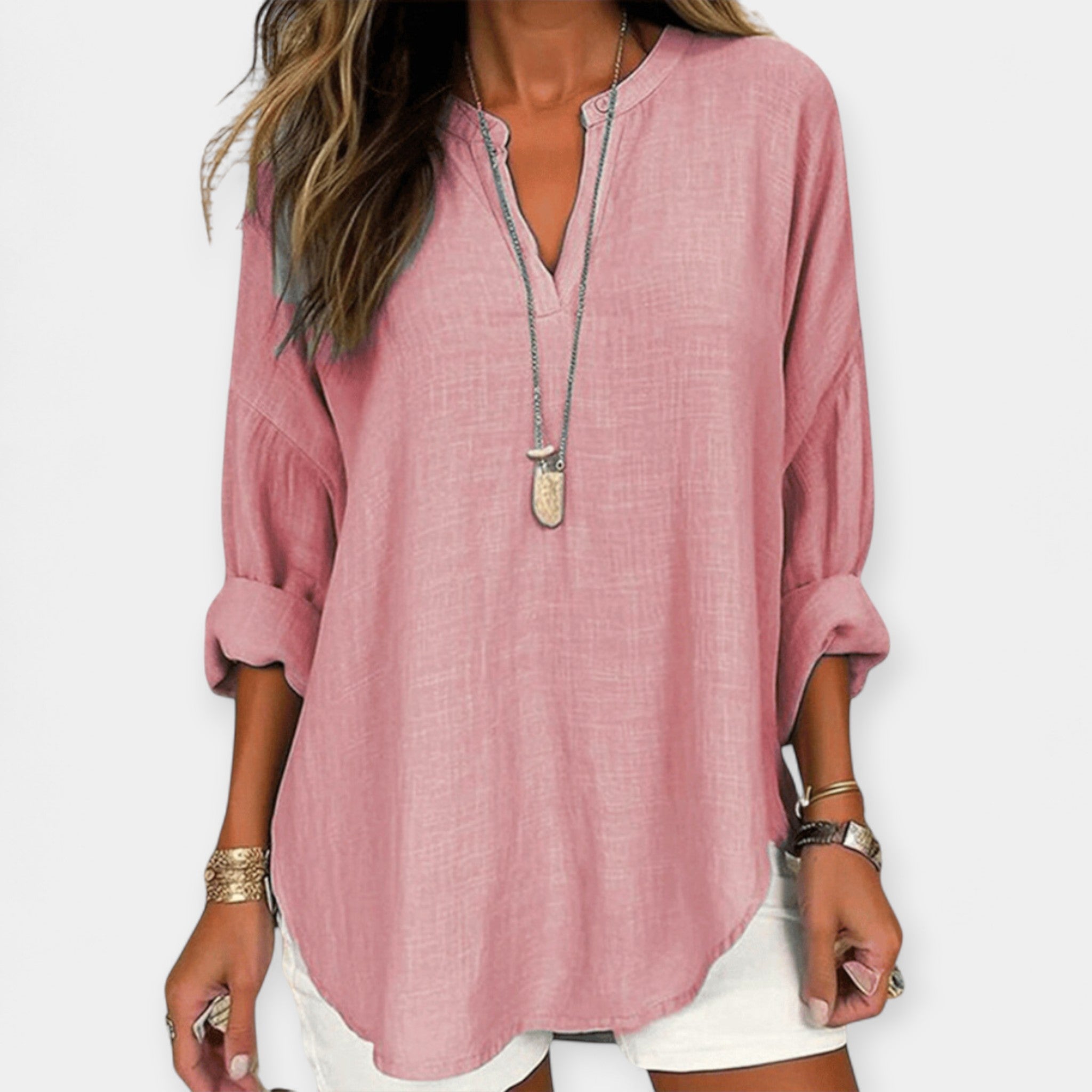 White relaxed beach blouse with a loose, comfortable fit and light breezy feel