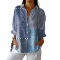 Multicolour ocean-inspired patchwork blouse with stripes, dots and geometric motifs in shades of blue