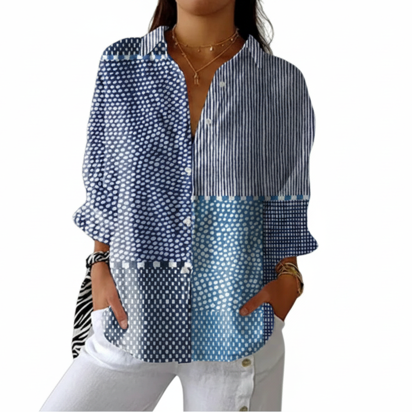 Multicolour ocean-inspired patchwork blouse with stripes, dots and geometric motifs in shades of blue