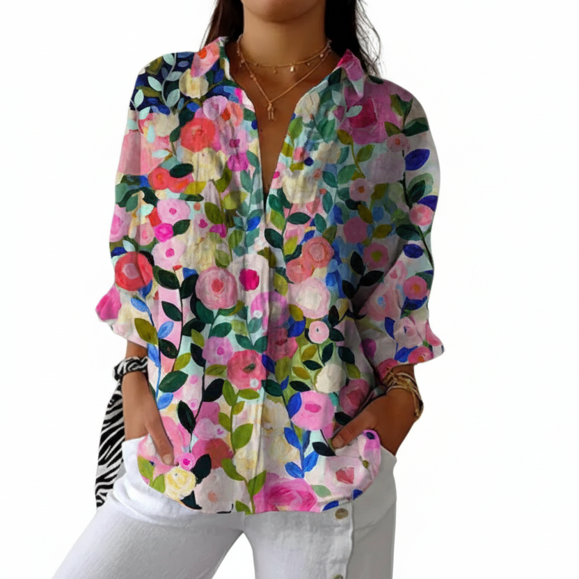 Multicolour women's blouse with bold artistic bloom canvas print