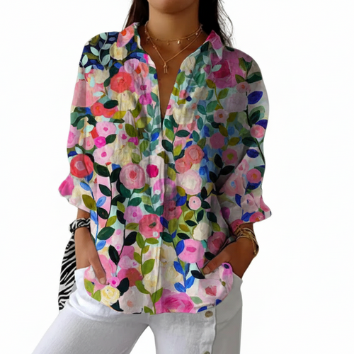 Multicolour women's blouse with bold artistic bloom canvas print